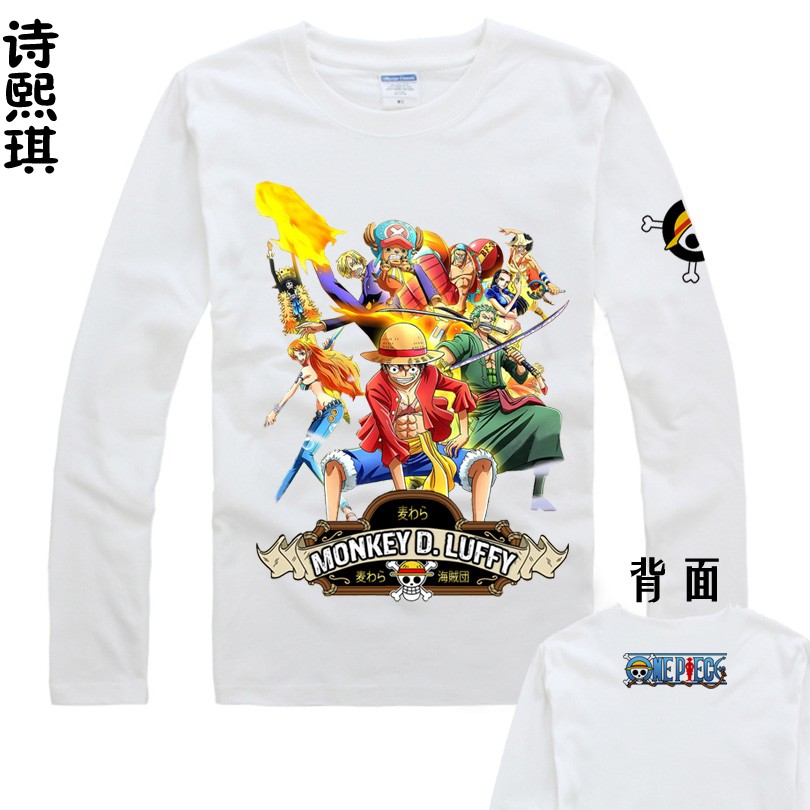 Áo thun mới Qiuyi One Piece Áo sơ mi dài tay Lufei Thanh niên nam giới Vòng cổ lỏng lẻo Quần áo sinh viên Anime Quần áo đáy áo form rộng nam