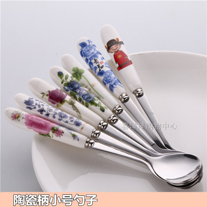Stainless steel ceramic handle baby spoon coffee mixing spoon fork glutinous rice spoon spoon custom LOGO