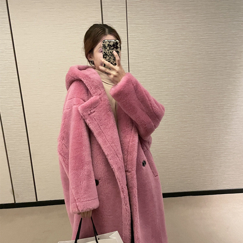 Off-season teddy bear coat 2022 sheep shearling lamb fur one mid-length hooded fur coat women's winter