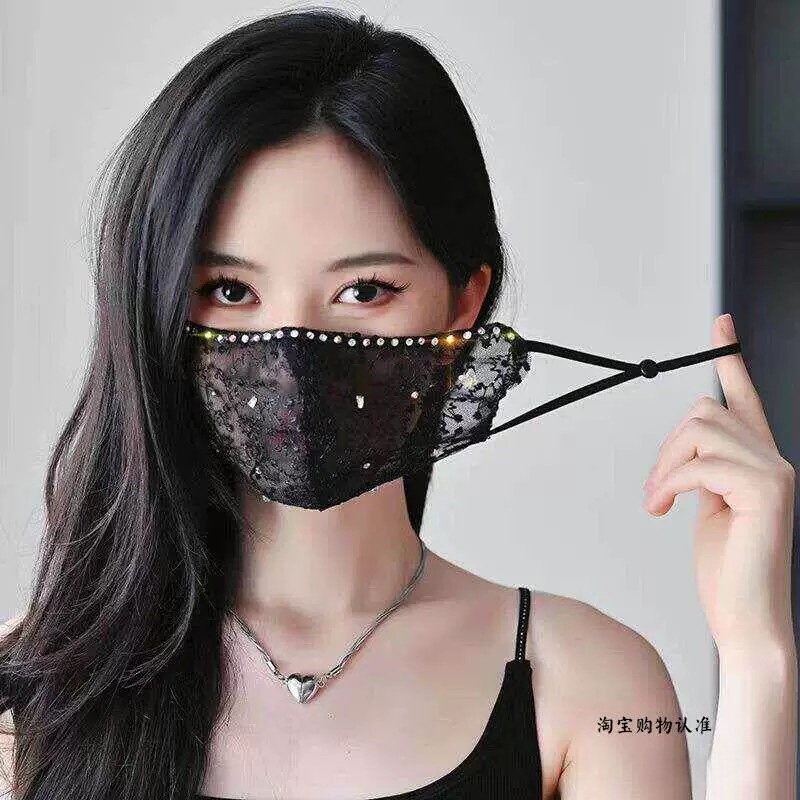 Sun Protection Lace Sheer Mask Veil for Face Covering, Summer Thin Style with Embroidery, 3D Design with Rhinestones, High Aesthetic Decorative Accessory Prop Sun Protection Lace Sheer Mask Veil for Face Covering, Summer Thin Style with Embroidery, 3D Design with Rhinestones, High Aesthetic Decorative Accessory Prop