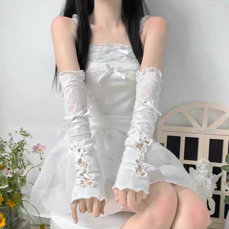 Y2K Lolita Gloves, Ballet Style White Lace Sleeves, Thin Women's Summer Sun Protection, Sexy Girl Style with Ribbon Bow