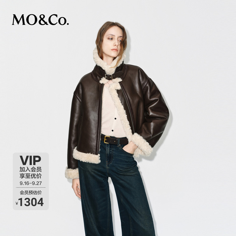 Moco Motorcycle-Style Jacket with Faux Fur Collar, Leather Strap Buckle, Stand-Up Collar, Short Style, Mo&Co