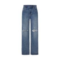 MOCO2024 spring new product handmade ripped and whiskered cotton high-waisted floor-length straight jeans MBD1JEN002