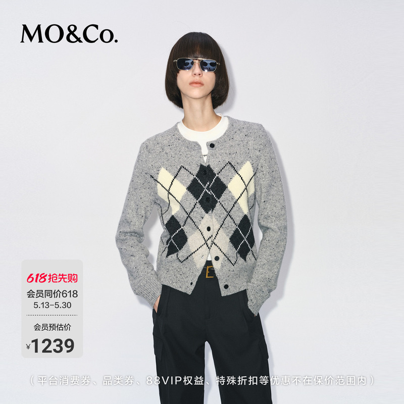 Moco Knit Cardigan Fair Isle Sweater Argyle Pattern with Sheep Wool Moanko