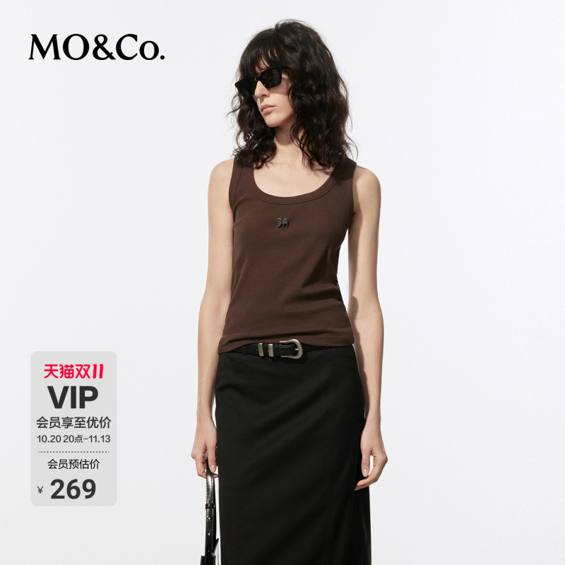 Moco Vest, Simple U-Neck, Metal Badge, Stretch Cotton, Ribbed Texture, Knitted Tank Top, Can Be Worn Alone or as an Inner Layer, Moanke