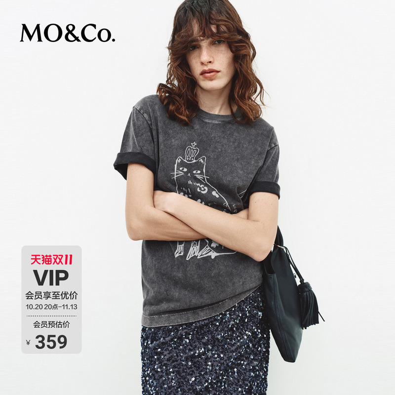 Moco Short-Sleeve T-Shirt, Asoet Dyed Long-Staple Cotton, Kitten Print, Rhinestone Embellishment, Moanke