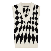 (Merino wool) MOCO black and white contrast diamond knitted vest light and soft texture top for women