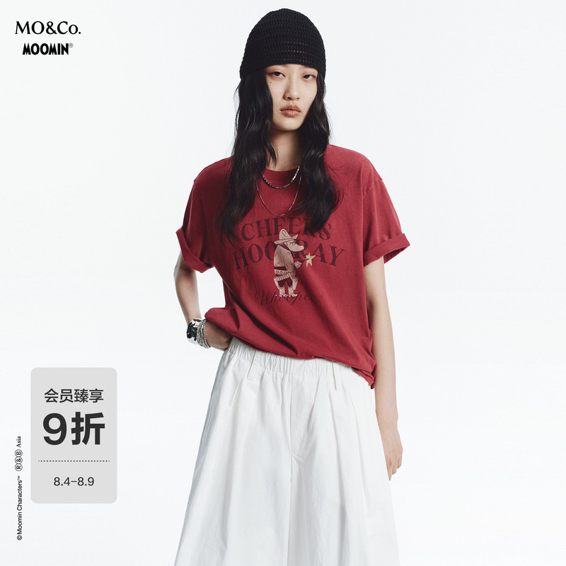 [Moomin Series] Moco Printed T-Shirt 2026 Autumn New Product Enzyme-Washed Distressed Cotton Short-Sleeved Mbf3Tee002