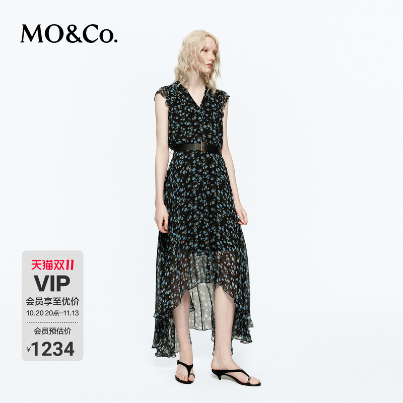 Moco Dress V-Neck Sleeveless Irregular Print Long Dress with Belt Mo&Co