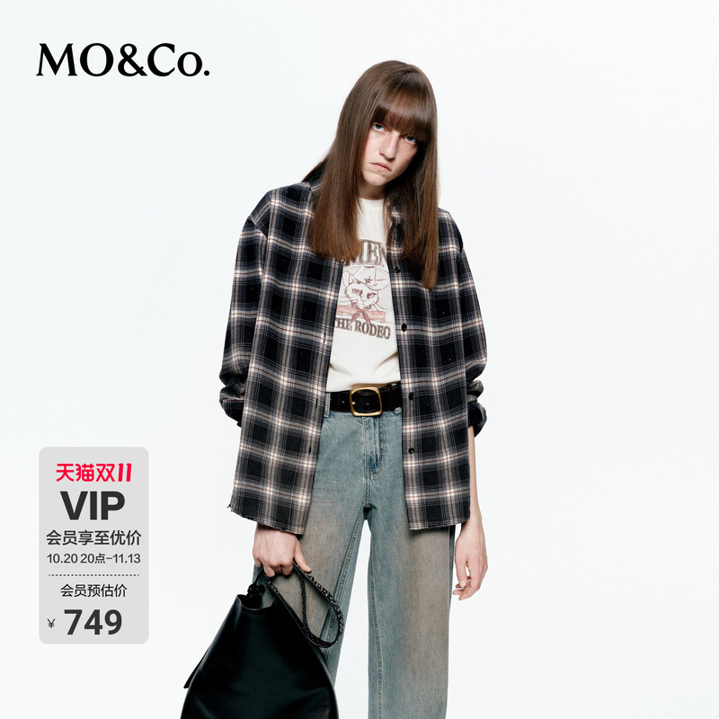 Moco Shirt 2026 Autumn New Antibacterial Plaid Fine Rhinestone Embellished Relaxed Drop Shoulder Frayed Hem Mbf3Shtt03 Moco Shirt 2026 Autumn New Antibacterial Plaid Fine Rhinestone Embellished Relaxed Drop Shoulder Frayed Hem Mbf3Shtt03