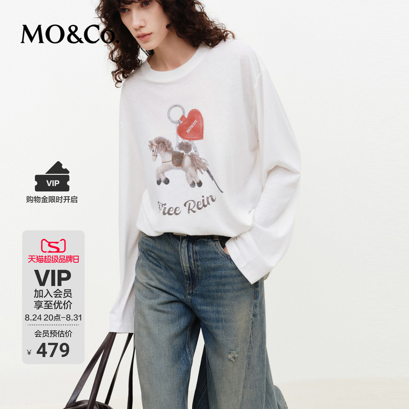Moco Long-Sleeved T-Shirt 2026 Spring New Product Year of the Horse Series Nostalgic Print Containing Linen White Mbf1Tee034