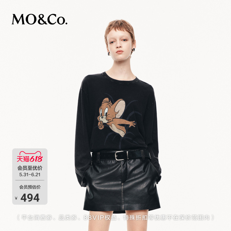 Moco Long-Sleeved T-Shirt Mo Anke Spring and Autumn Tom and Jerry Collaboration Series Cotton Mottled Print Moco Long-Sleeved T-Shirt Mo Anke Spring and Autumn Tom and Jerry Collaboration Series Cotton Mottled Print