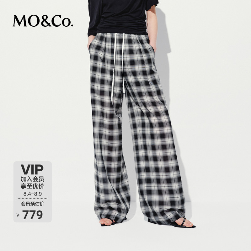 Moco Casual Pants Tencel Wool Black and White Checkered Sporty High-Waisted Wide-Leg Pants Moco Boxyfit Moco Casual Pants Tencel Wool Black and White Checkered Sporty High-Waisted Wide-Leg Pants Moco Boxyfit