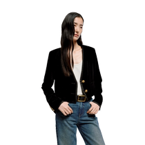 MOCO2024 spring new black velvet carved gold buckle V-neck shoulder pad short jacket MBD1COT003 Moanke