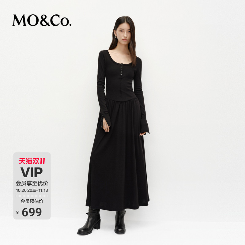 Moco Dress with a Soft Drape, Cotton-Like Feel, Vintage Mid-Low Waist, Waist-Cinching Long Dress, Mo Anke Moco Dress with a Soft Drape, Cotton-Like Feel, Vintage Mid-Low Waist, Waist-Cinching Long Dress, Mo Anke