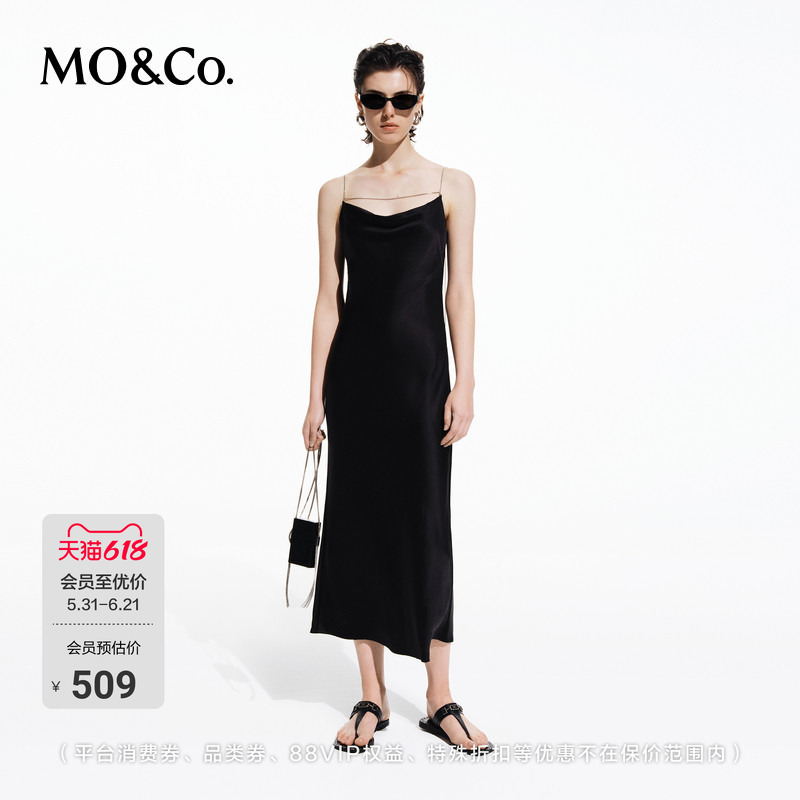 Moco Dress Summer Acetate Detachable Chain Satin Slip Dress Backless Waist-Cinching Fishtail Little Black Dress Mo Anke Moco Dress Summer Acetate Detachable Chain Satin Slip Dress Backless Waist-Cinching Fishtail Little Black Dress Mo Anke