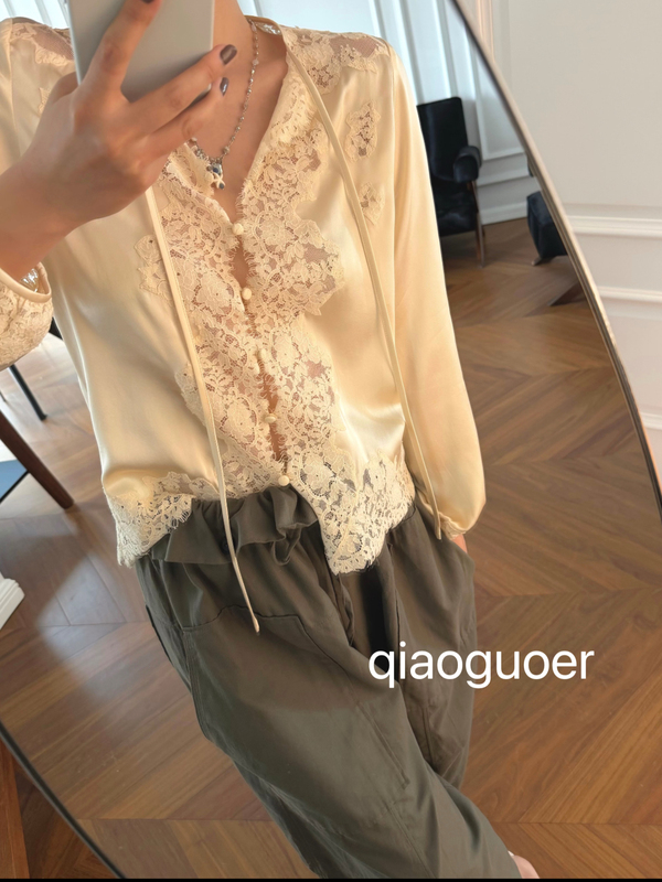 Qiaoguer Early Autumn D Brand 100% Silk High-End Satin Lace Embroidered Long-Sleeved Shirt for Women