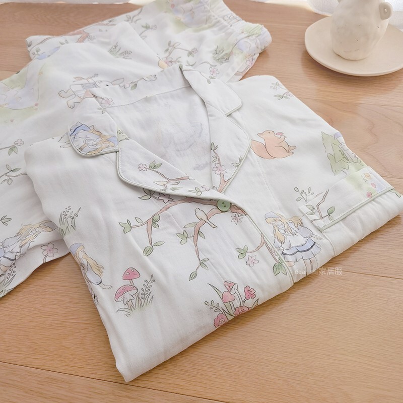 Light and Soft Pajamas for Women, Summer Bamboo Fiber Cotton Gauze Short-Sleeved Shorts, Long-Sleeved Long Pants, Thin Spring and Autumn Home Wear Set