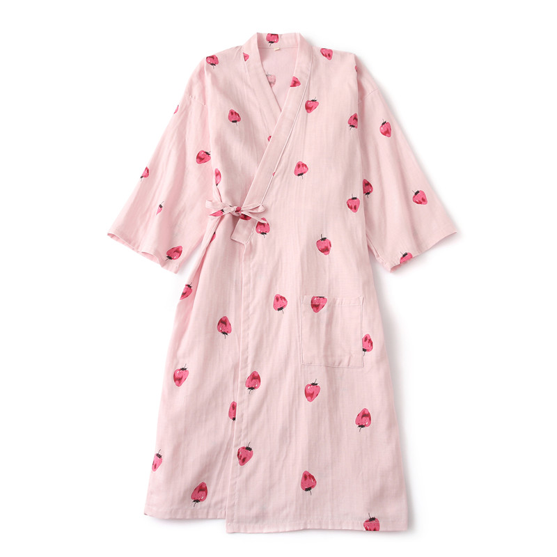 Áo choàng tắm dâu tây váy ngủ nữ mùa thu cotton Nhật Bản áo choàng dài tay dễ thương gạc kimono thấm mồ hôi đồ ngủ cotton đồ bộ mặc nhà cao cấp
