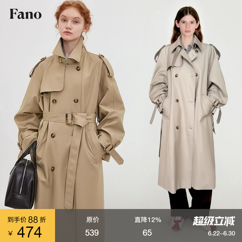 Fano Retro Classic Silhouette Double-Breasted Lapel Trench Coat for Women 2026 Lace-Up Elegant Mid-Length Coat