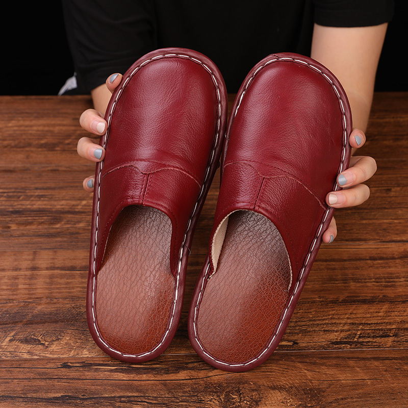 Genuine Leather Home Slippers for Men and Women, Suitable for Spring, Autumn, and Winter, Indoor Wooden Floor, Non-Slip, Waterproof, Thick-Soled Cowhide Slippers