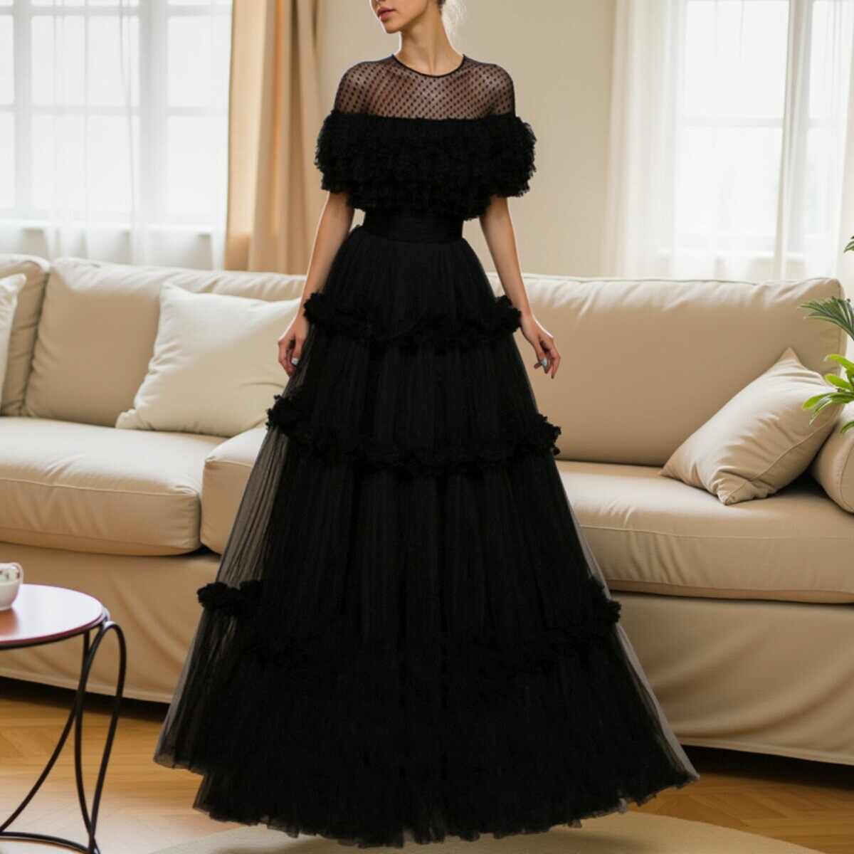 open lace back dress Black Beaded Lace Shimmering Tulle Prom Dresses Strapless Removable Puffed Sleeve 24125 Black / US12
