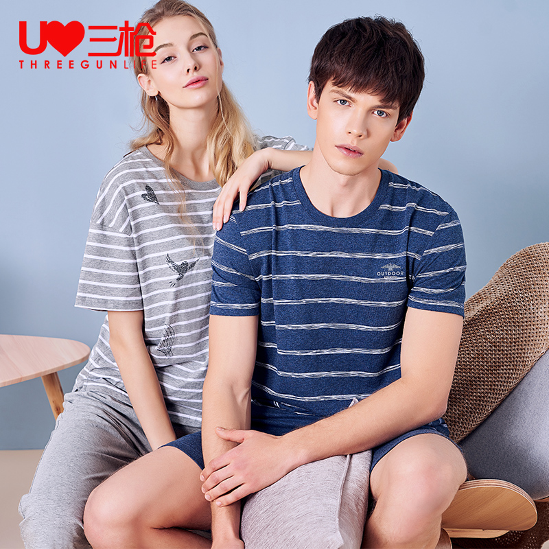 Ba-gun pajamamen mens nước mùa hè mềm mại bông quần short ngắn tay nhà phù hợp với giản dị sọc phù hợp với sinh hoạt.