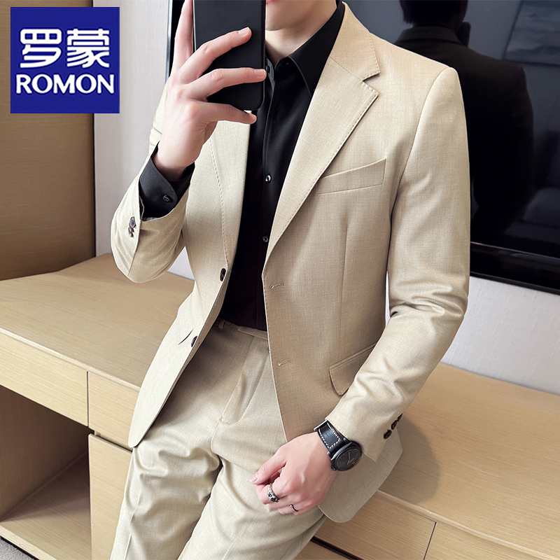 Romon High-End Wool Suit Set for Men, Business Casual, Professional Formal Fit, Slim-Fit Blazer, Stylish and Trendy