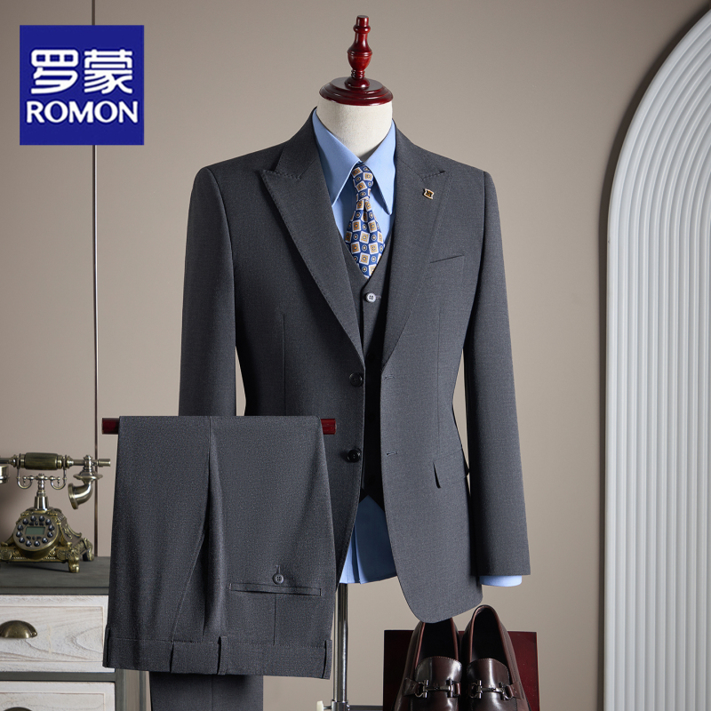 Romon Notched Lapel Suit Set Men's Business Slim Fit Formal Professional Suit Jacket Groom Wedding Dress Men