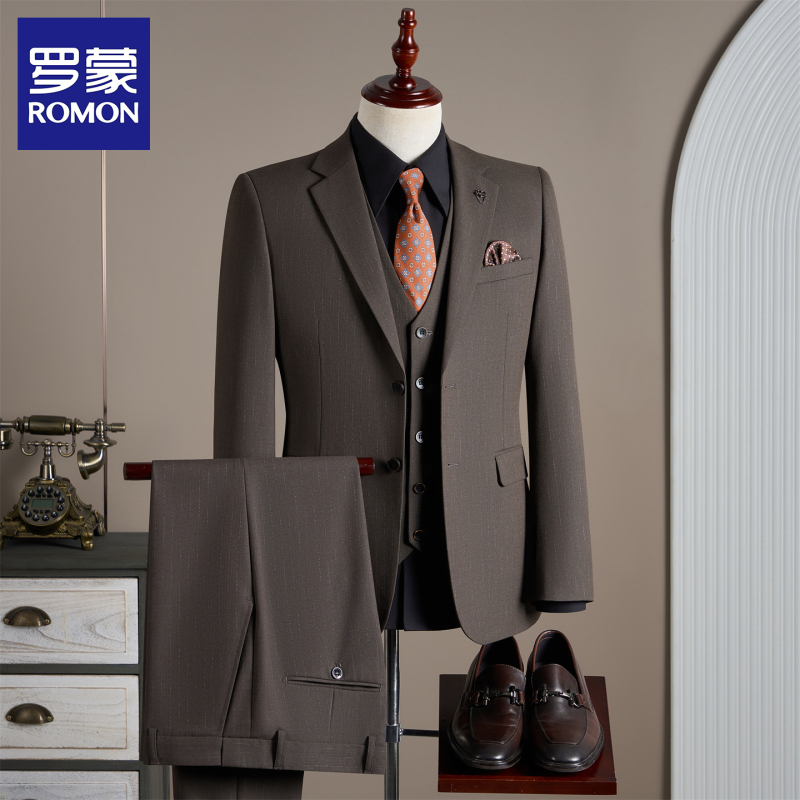 Romon Coffee-Colored Striped Suit Set for Men, Slim-Fit Business Formal Suit, Single-Breasted Suit for Groomsmen and Grooms, Wedding Attire