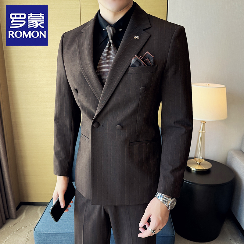 Romon Double-Breasted Suit Set for Men, Business Professional Formal Attire, Slim Fit Groom Wedding Suit, Fashionable British Style Romon Double-Breasted Suit Set for Men, Business Professional Formal Attire, Slim Fit Groom Wedding Suit, Fashionable British Style