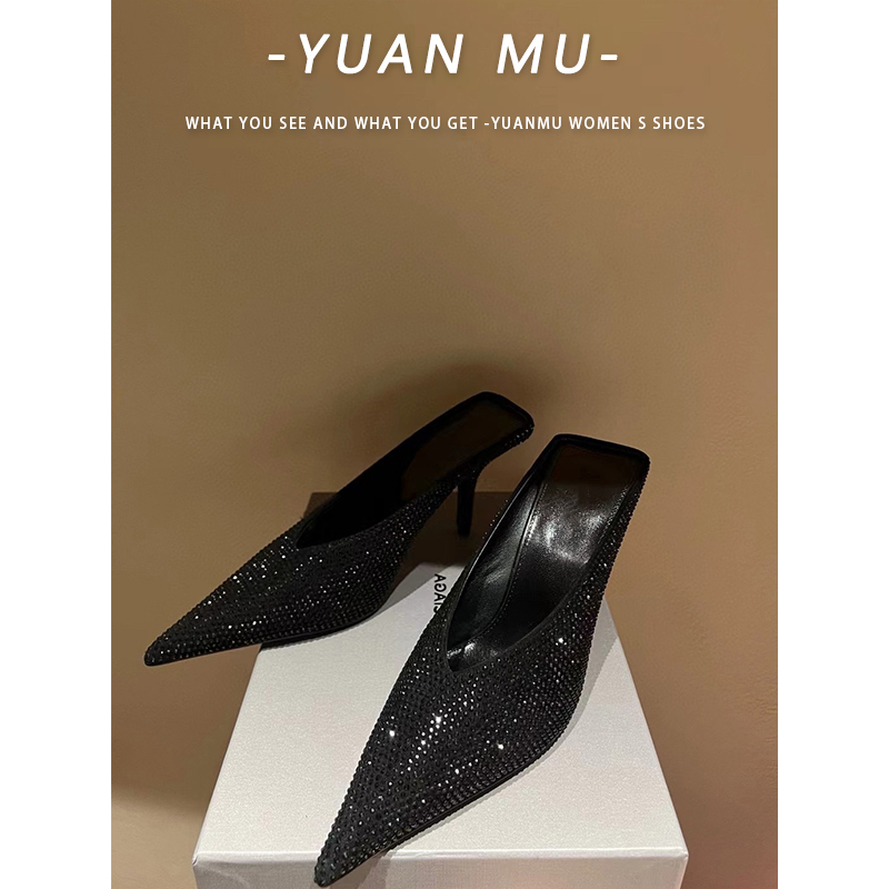 Women's Half-Slippers Summer 2026 New Style High-End Rhinestone Black Pointed Toe High-Heeled Sandals Mules for Women