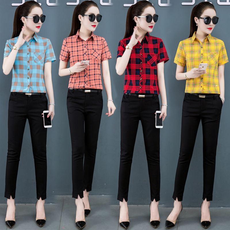 Regular Short-Sleeved Plaid Shirt for Women, Summer Shirt, 2020 New Korean Style, Fresh and Loose, Yellow and Red Top