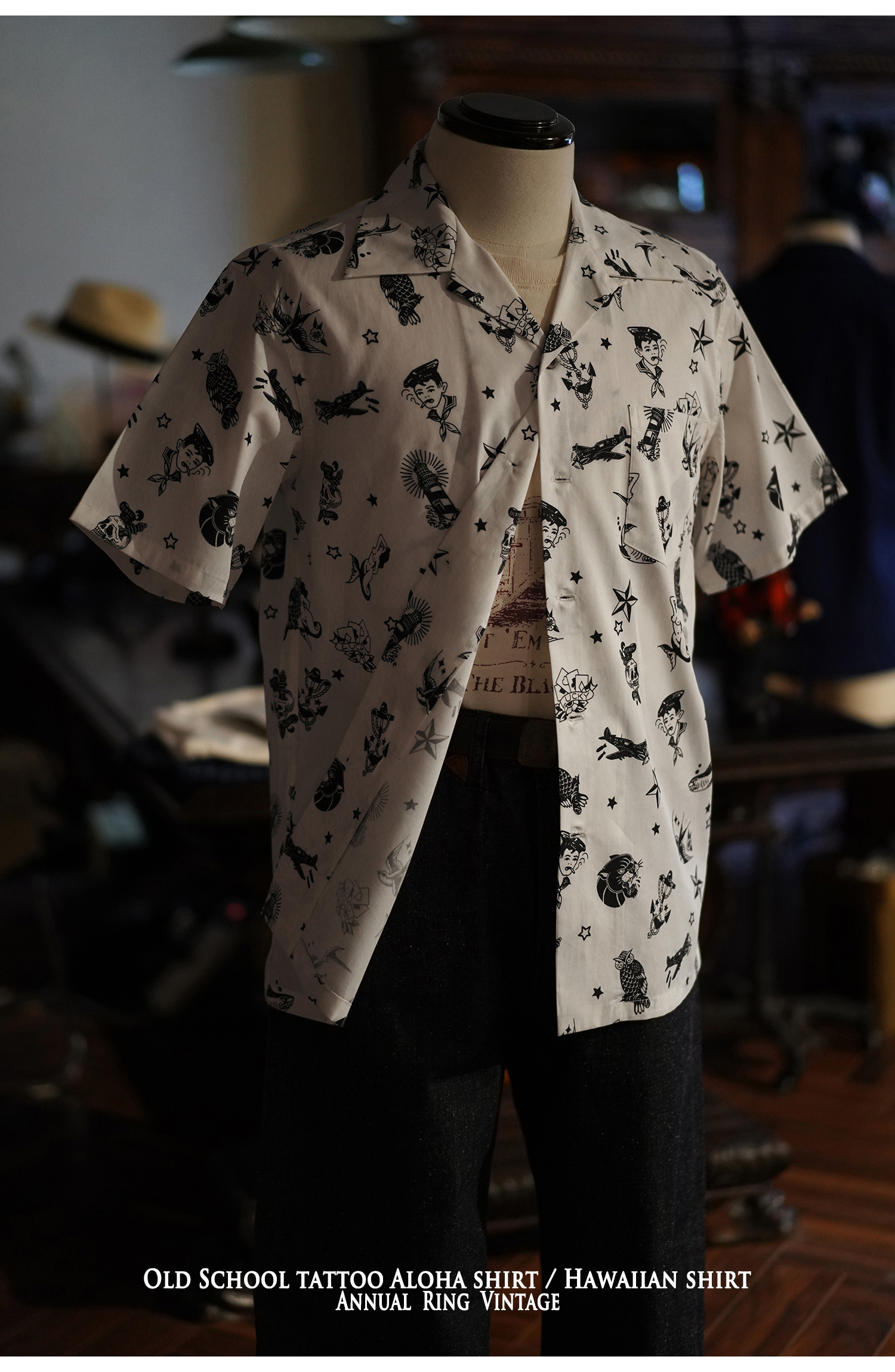 オールドスクール ヴィンテージ タトゥー プリント ハワイアン シャツ ユニセックスウェア - Tシャツ メンズ - コットン・麻 ホワイト