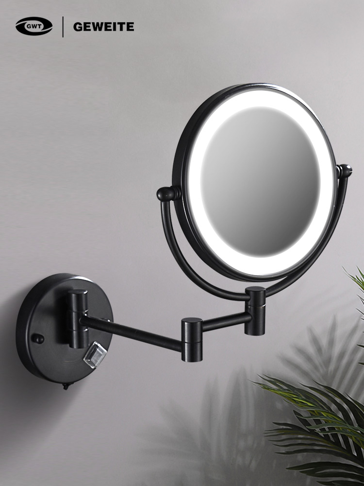 LED makeup mirror Hole-free folding mirror Bathroom telescopic beauty mirror Hotel powder room wall-mounted double-sided mirror with light