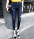 Spring dark blue trousers with raw edges, ripped 9-point tight skinny jeans