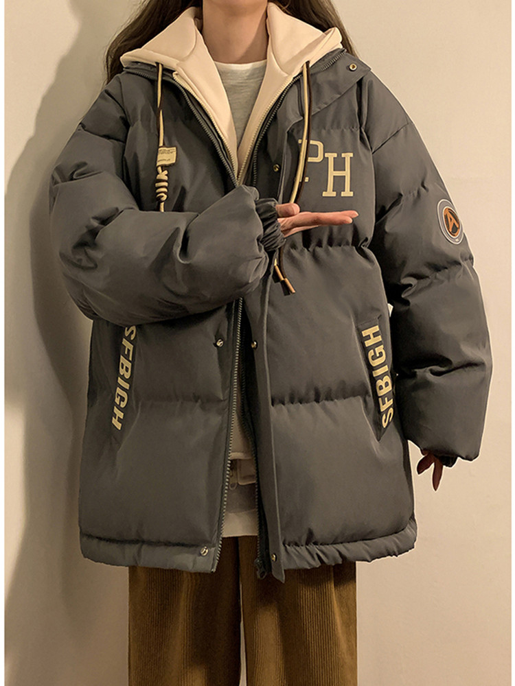 Tangshi Group Desso Winter Thickened Faux Two-Piece Cotton Coat for Women, Loose Plus-Size Cotton Jacket, Student Cotton-Padded Jacket, Trendy Outerwear