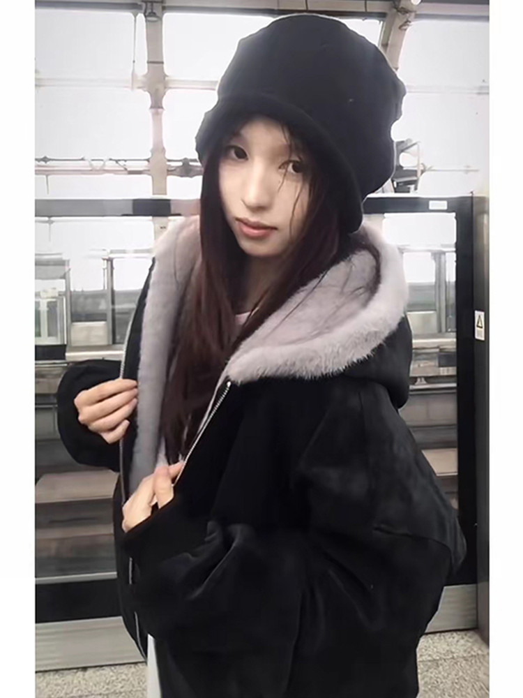 Tangshi Group Desso American-Style Hooded Leather Cotton Jacket for Women, Winter 2025, Thickened, Warm, Rabbit Fur-Proof Cotton Coat