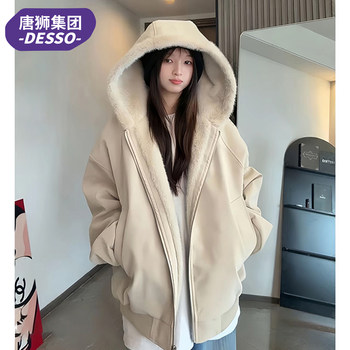 Tangshi Group Desso American-Style Hooded Leather Cotton Jacket for Women, Winter 2025, Thickened, Warm, Rabbit Fur-Proof Cotton Coat