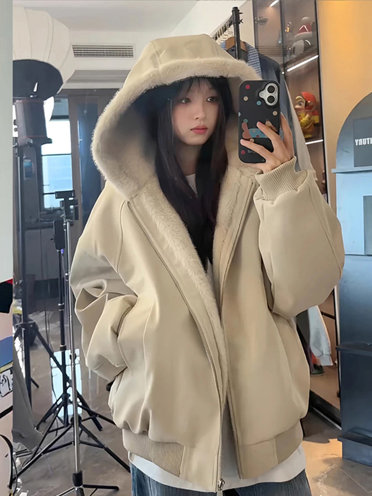 Tangshi Group Desso American-Style Hooded Leather Cotton Jacket for Women, Winter 2025, Thickened, Warm, Rabbit Fur-Proof Cotton Coat