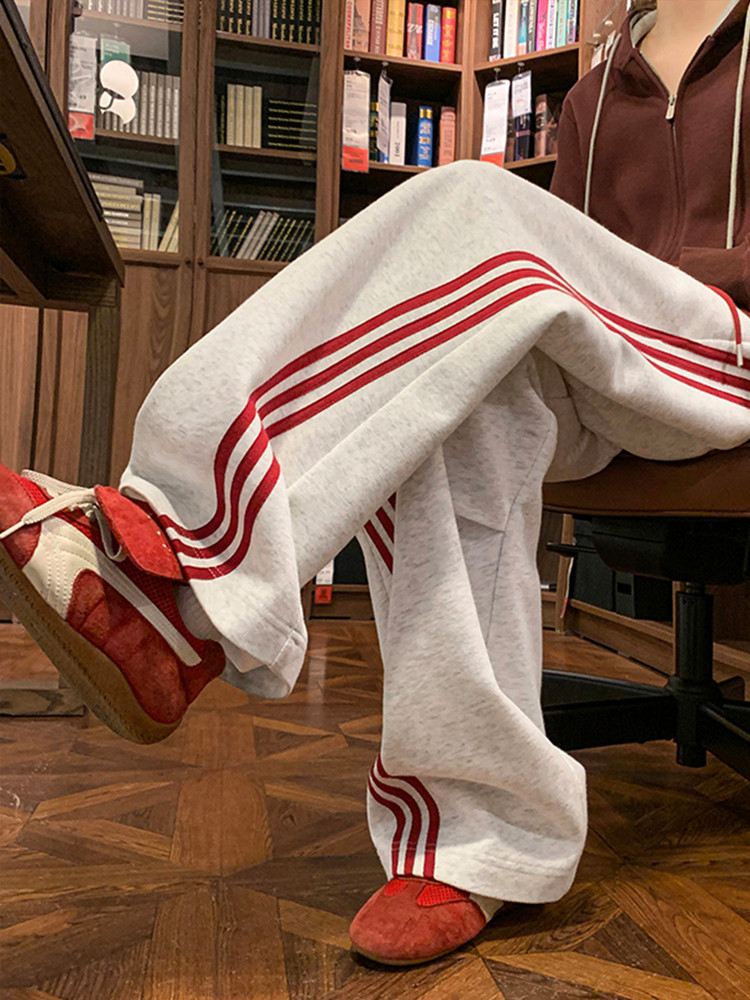 Tangshi Group Desso Three-Stripe Sports Sweatpants for Women, New Autumn and Winter Wide-Leg Pants, Loose Straight-Leg Casual Long Pants