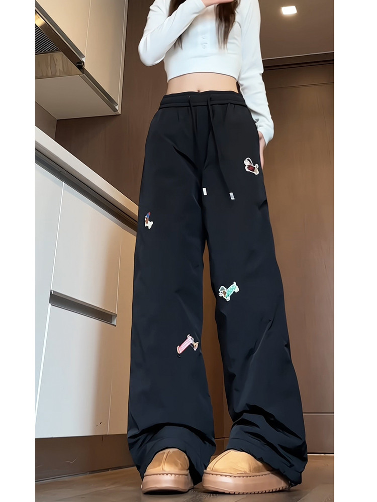 Tangshi Group Desso Women's Winter Cotton Pants New Style with Added Cotton for Warmth, Slimming, Dachshund Embroidery, Ski Casual Pants