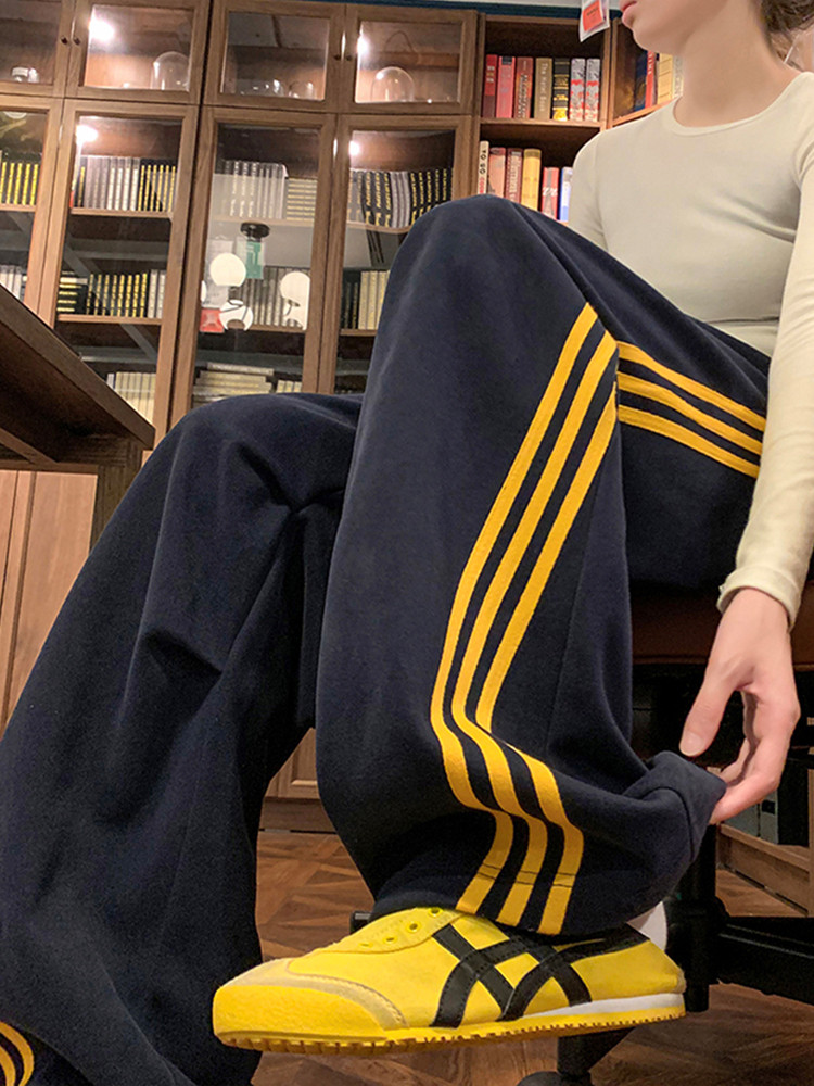 Tangshi Group Desso Three-Stripe Sports Sweatpants for Women, New Autumn and Winter Wide-Leg Pants, Loose Straight-Leg Casual Long Pants