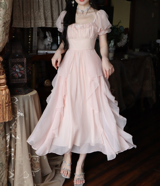 Blovelan Frosty White High Waist Long Skirt Fairy Skirt Glossy Slimming Short Sleeve Dress Women's Summer