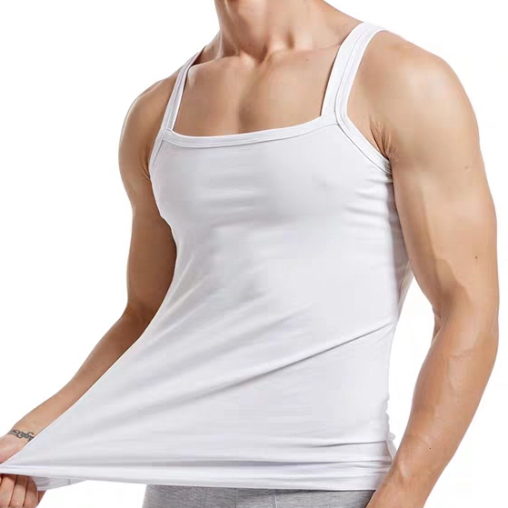 Plus Size Fat Guy Blue-Gray Black White Stretch Cotton Trendy Men's Square Neck Undershirt Tank Top