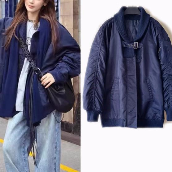 Yang Chaoyue Celebrity Style Navy Blue Baseball Jacket for Women, Autumn and Winter Loose Fit Trendy Luxury Bomber Jacket Cotton Coat