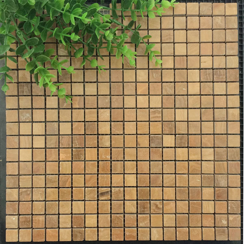 Natural stone mosaic magnetic brick wood grain yellow brown marble bathroom wall with balcony fish pool Makeup Room Bar