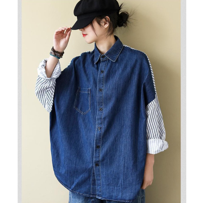 Back Stripe Patchwork Denim Shirt Plus Size Women's Clothing Fat mm Batman Collar Loose Slimming Cardigan Spring Back Stripe Patchwork Denim Shirt Plus Size Women's Clothing Fat mm Batman Collar Loose Slimming Cardigan Spring