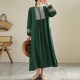 Age-reducing fashion washed cotton embroidery long dress fat mm large size women's round neck slimming hip-covering big swing skirt