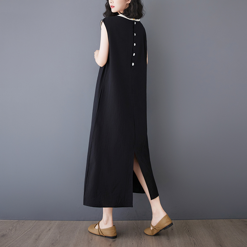 Fashionable Solid Color Soft Linen Sleeveless Vest Dress Long Plus Size Women's Clothing Back Button Slit Round Neck Dress Fashionable Solid Color Soft Linen Sleeveless Vest Dress Long Plus Size Women's Clothing Back Button Slit Round Neck Dress